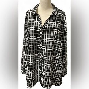 Susan Graver Weeknd Black and White Plaid Button-Up Long Sleeve Blouse Size 1X